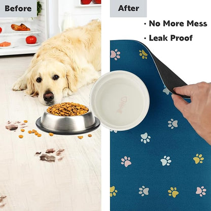 Cat Food Mat Absorbent Dog Mat for Food and Water Non Slip Quick Dry Dog Bowl Mats for Floors 19" X 12" Paw Lake Blue