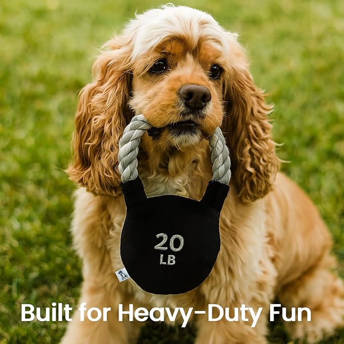 Pets Kettlebell Workout Funny Dog Toy - Parody Plush Multi Inner Mesh Layer Squeaky Crinkle Tough Nylon Rope
