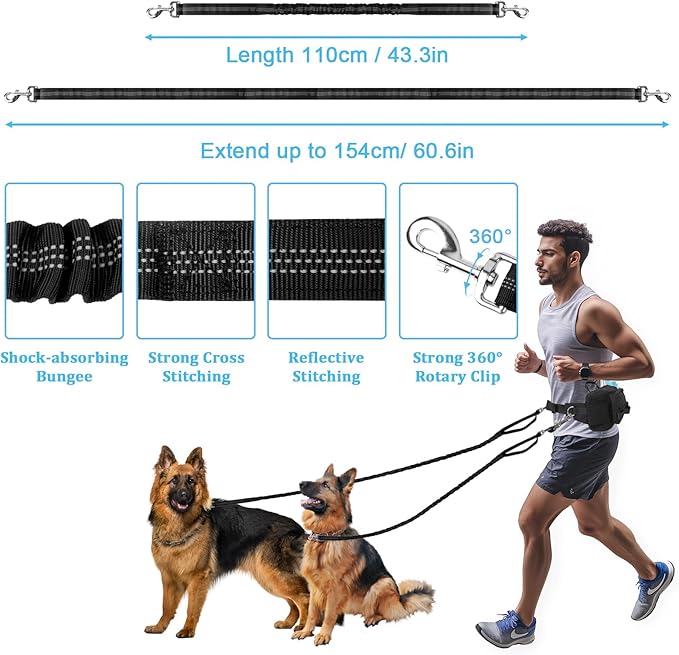 ETACCU Hands Free Dog Leash with Zipper Pouch, Waist Belt for Large Medium 2 Dogs for Running, Walking, Jogging and Hiking, Dual Padded Handles and Durable Bungee - Black (2 Dog)