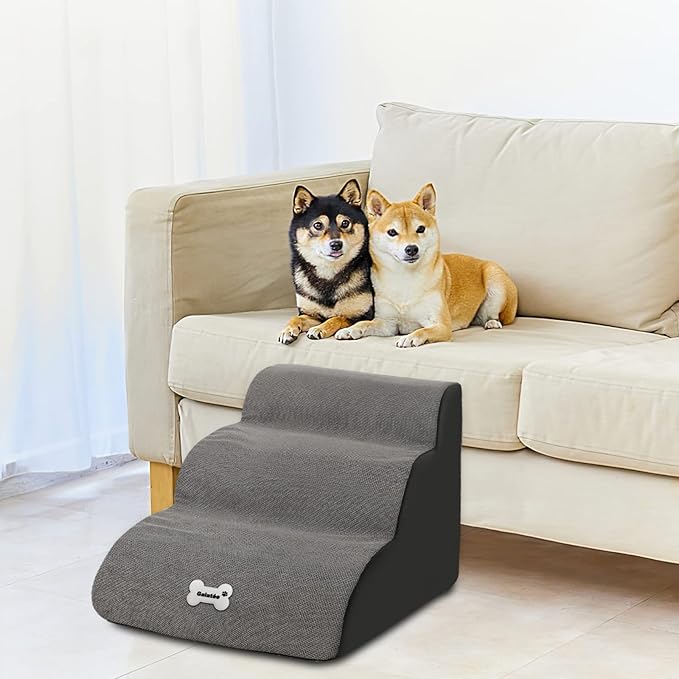 Pet Stairs, Washable & Zippered Cover Removable Pet Ramp, High Density Sponge Dog Stairs(3 Tiers Pet Stair, Brown)