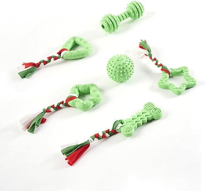Puppy Chew Toys, 6 Pcs Teething for Small Breed, Soft Rubber Cute Green Dog Toys, Eco-Friendly, Teeth Cleaning, Interactive Tiny Toys for Small Dog,(Basket not Included)