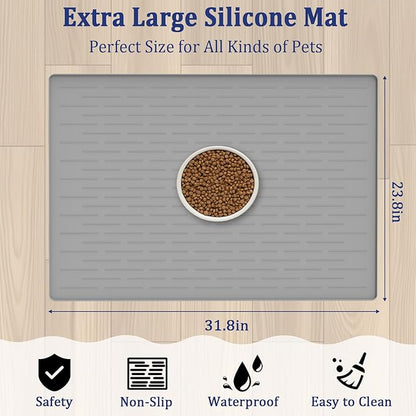 31.8"x23.8" Extra Large Pet Food Mat, Silicone Dog Mats for Food and Water, XL Nonslip Pet Feeding Mats for Floors,Dog Cat Bowl Mat with Raised Edges, Light Gray