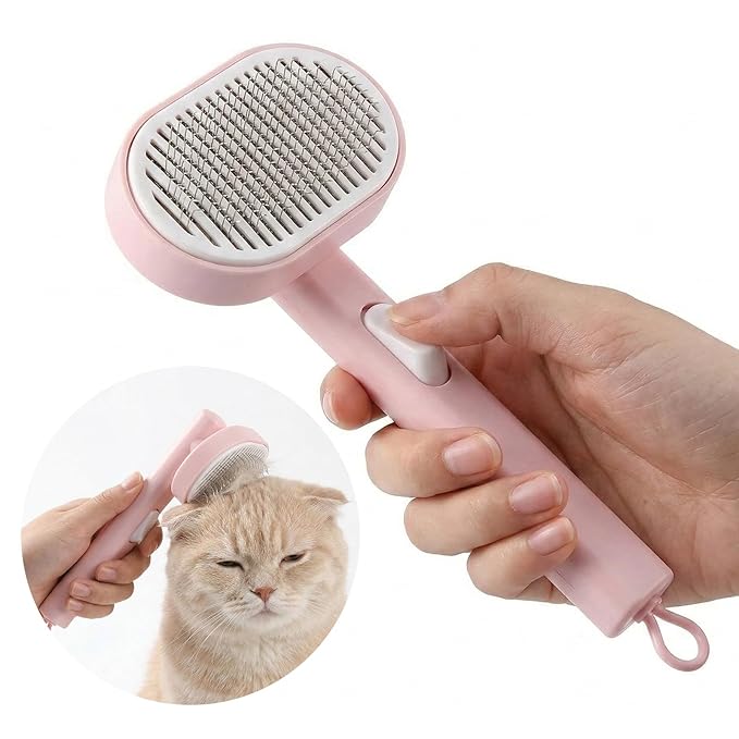 Cat Brush Self Cleaning Pink, Ergonomic Handle Slicker Brush with Release Button, Pet Hair Remover for Cats and Dogs Loose Undercoat