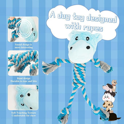 JMZDS&JL Tough Dog Toys for Puppies and Small-Medium Dogs, Tug of War and Plush Stuffed Animals for Teething and Chewing Fun (Hippo)
