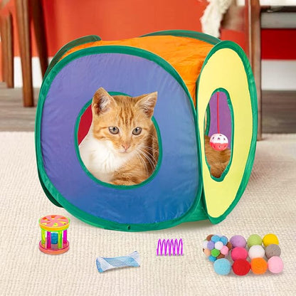 Retro Shaw Cat Toys Pack 33Pcs, Interactive Kitten Toys for Indoor Cats Kitty with Collapsible Play Tunnel Tent, Feather Teaser Wand Bell Balls Springs Mouse Toys for Boredom Relief & Exercise
