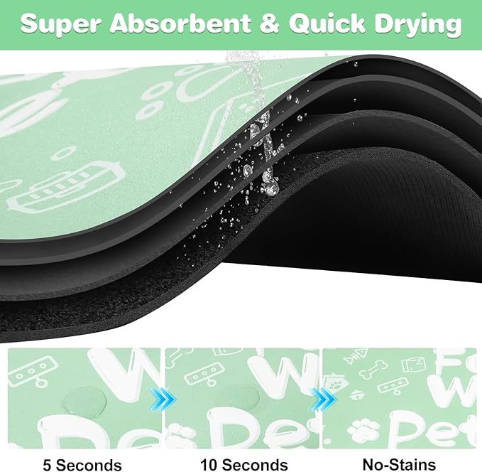 Pet Feeding Mat,Dog Cat Mat for Food and Water,Dog Bowl Waterproof Placemat with Rubber Backing,Absorbent Quick Dry Water Dispenser Mat for Pet（Green 17"×29"）