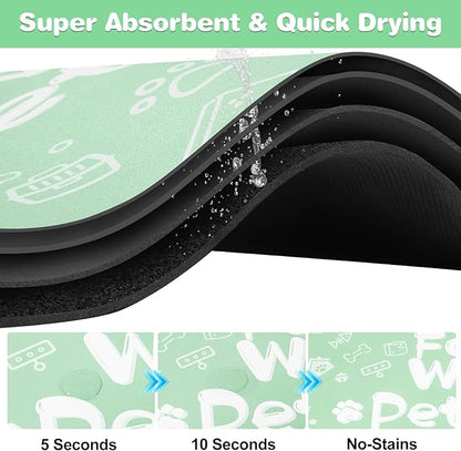 Pet Feeding Mat,Dog Cat Mat for Food and Water,Dog Bowl Waterproof Placemat with Rubber Backing,Absorbent Quick Dry Water Dispenser Mat for Pet（Green 17"×29"）
