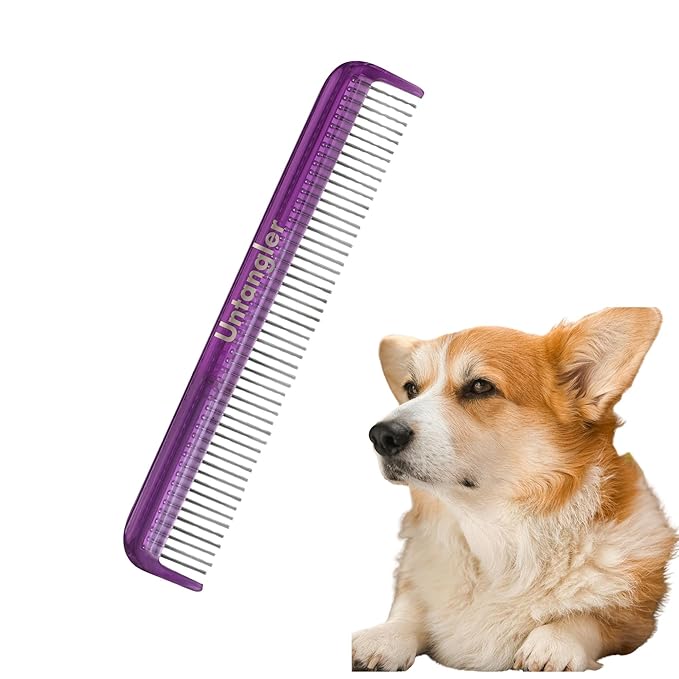 Pet comb for easy mat removal - silky smooth rotating teeth untangles without causing pain to pets. (7", Purple)