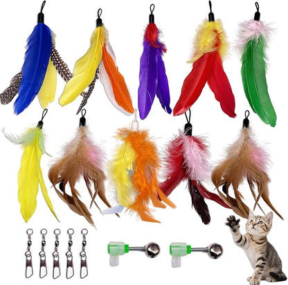 10 Pieces Cat Feather Toy Refills,Cat Wand Replacement Feathers Toys with Clip & Removable Bell,Wand Attachment Feather Toys for Indoor Cats (10 Pcs Feathers)
