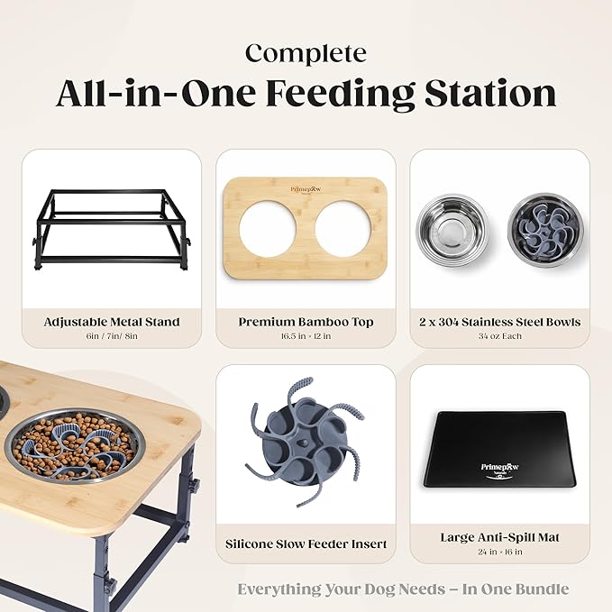 Adjustable Elevated Dog Bowls – Raised Dog Feeding Station with Bamboo Stand, 2 Stainless Steel Bowls, Slow Feeder Insert & Silicone Mat – Dog Bowls with Stand for Small & Medium Dogs