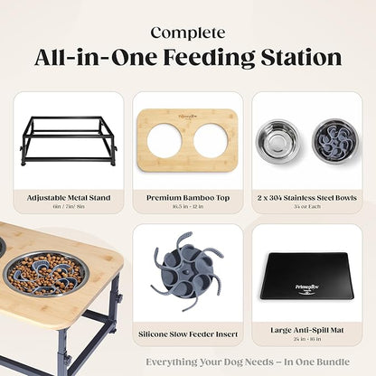 Adjustable Elevated Dog Bowls – Raised Dog Feeding Station with Bamboo Stand, 2 Stainless Steel Bowls, Slow Feeder Insert & Silicone Mat – Dog Bowls with Stand for Small & Medium Dogs