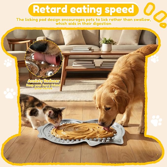 Stainless Steel Lick Mat for Dog and Cat, Pet Shaped Slow Feeder Pad Chew Proof Non Slip Large Licking Mat for Slow Eating Stress Relief Whisker Friendly for Cat(Silver)
