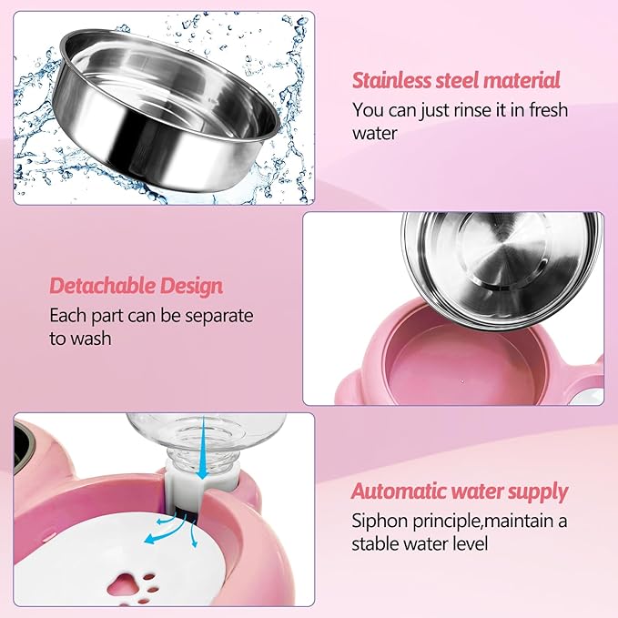 Rabbit Double Bowls Bunny Automatic Water Dispenser Detachable Stainless Steel Bowl No-Spill Water Bottle Food Feeder for Small Animals Bunny Squirrel Cat Puppy Chinchilla