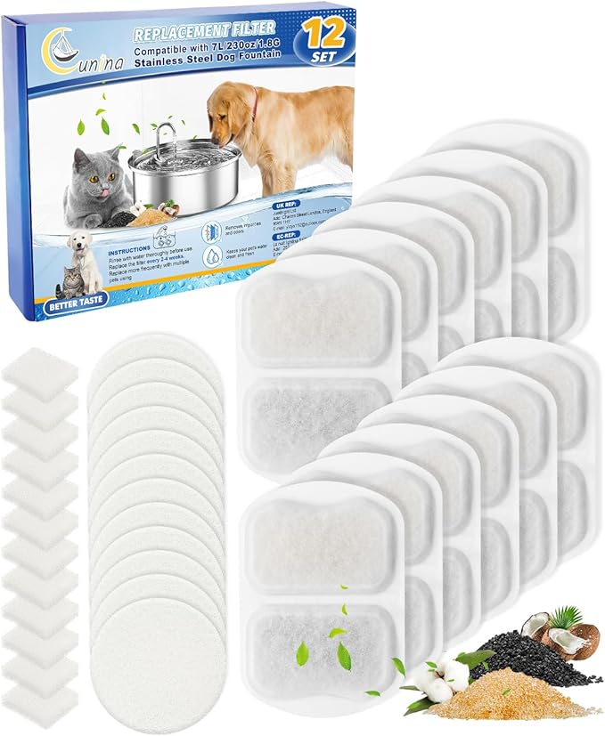 Dog Water Filter Replacement Compatible with oneisall 7L/230oz/1.8G Stainless Steel Pet Water Fountain, Pet Water Filter 12 Set Dog Water Bowl Filters