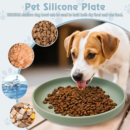 BNOSDM Silicone Dog Bowl Non-Slip Cat Food Plate 2 Pcs Flat Dog Bowls with Suction Cup Shallow Puppy Food and Water Dish for Small and Medium Pets (Gray Green)