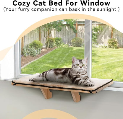 PETSFIT Cat Window Perch, Natural Solid Wood Cat Hammock with Removable Fleece Mat, Easy to Assemble Window Perch for Large Cats, Fits Windowsill, Bedside & Drawer
