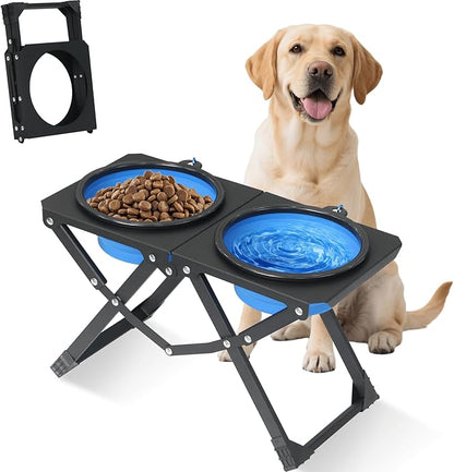 Adjustable Height Foldable Elevated Dog Bowls with 2 Stainless Steel Bowls, Non-Slip Raised Pet Feeding Station for Medium & Large Dogs