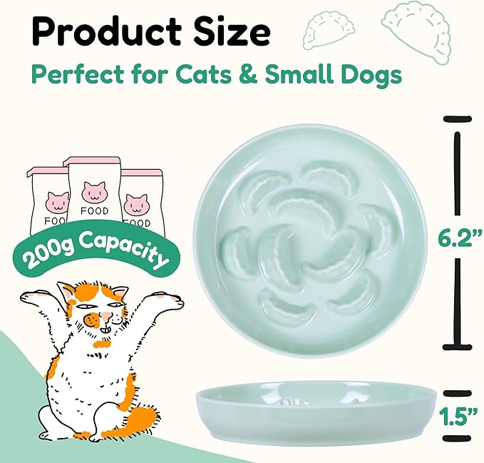 2 Pcs Cat Slow Feeder Bowl Set - Unbreakable Melamine Cat Food Plates for Slow Eating - Cute Kitten Plates for Wet & Dry Food- Whisker Friendly & Dishwasher Safe & Non Slip Design (White + Green)