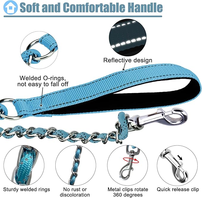 HOMIMP Chew Proof Dog Leash for Medium Large Dogs, Reflective 6 FT Heavy Duty Metal Chain Dog Leashes with Soft Padded Handle, Anti Bite Durable Rope Leashes for Pitbull, Non Chewable, Light Blue