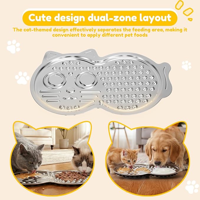 Stainless Steel Lick Mat for Dog and Cat, Pet Shaped Slow Feeder Pad Chew Proof Non Slip Large Licking Mat for Slow Eating Stress Relief Whisker Friendly for Cat(Silver)