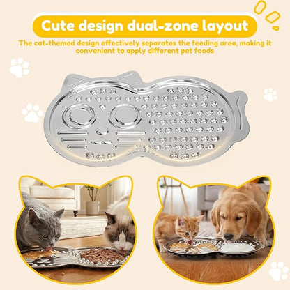 Stainless Steel Lick Mat for Dog and Cat, Pet Shaped Slow Feeder Pad Chew Proof Non Slip Large Licking Mat for Slow Eating Stress Relief Whisker Friendly for Cat(Silver)
