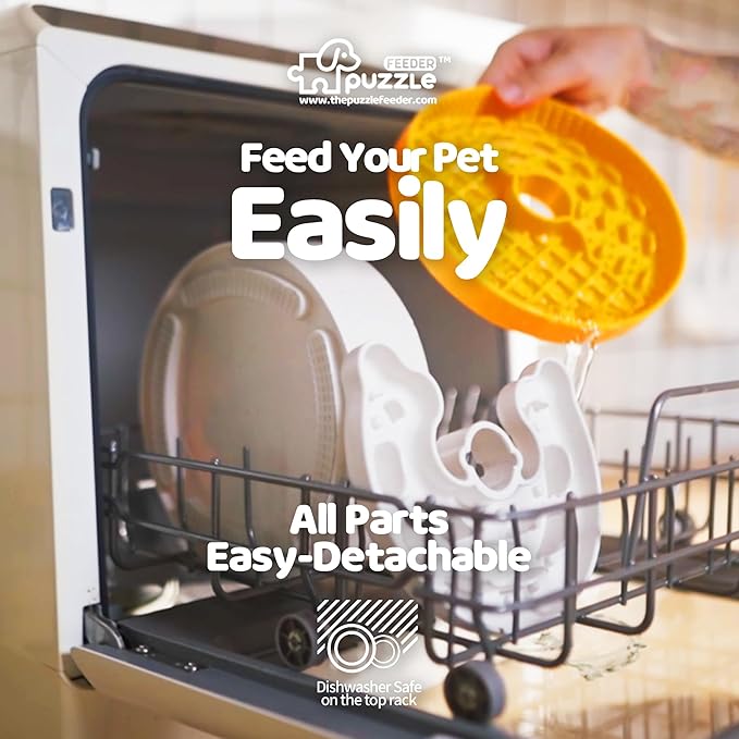 Puzzle Feeder Slow Feeder Dog Bowl with Lick Mat and Puzzle Inserts - Non-Slip Base, Adjustable Speed Design, Dishwasher Safe for Puppies, Orange