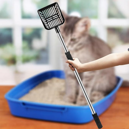 Hortsun 32 Inch Cat Litter Scooper Metal Long Handle with Cat Litter Scoop Holder Deep Kitty Sifter Shovel Detachable Stainless Steel Poop Sifter Scooper Caddy Kitty with Box(Black)