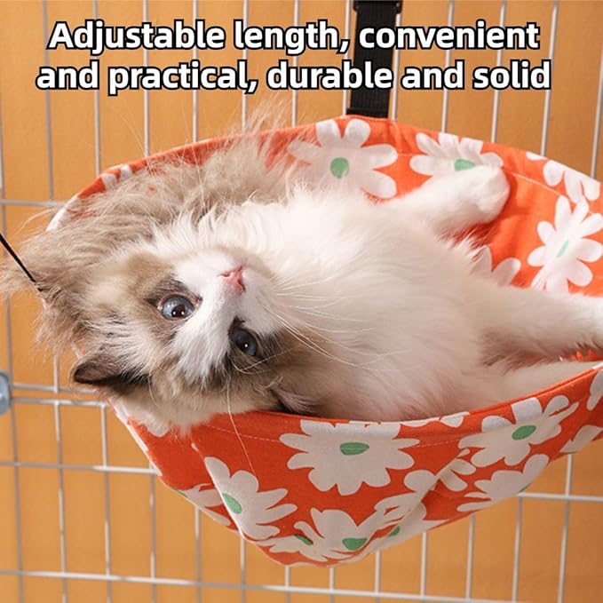 Cat Hammock Lounge Cat Hanging Bed for Cage Kennel Chair with Metal Frame, Adjustable Straps, Built-in Steel Support, Suitable for All Seasons (Orange,Large)