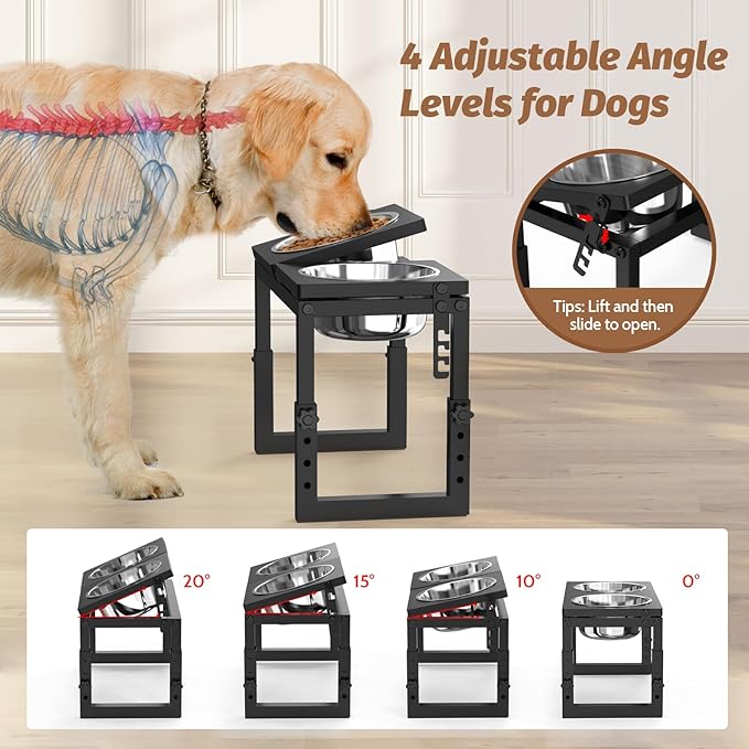 Dog Bowls Elevated, 4 Height(6.8" to 10") & Angle (0-20°) Adjustable Raised Dog Bowl Stand, Elevated Dogs Bowl Stand for Medium Sized Pet, Sturdy Metal Dogs Feeding Station with 2X 33oz (4cup) Dishes