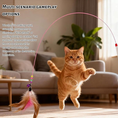 Cat Feather Wand Toy - Steel Wire Feather Interactive Cat Stick Training - Beads Bells Kitten Wand Toys Pet, Funny Kitten Fishing Pole Toy for Bored Indoor Chase & Exercise(1Pcs)