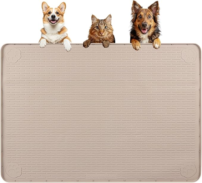 Dog Food Mat, Extra Large 40" x 28" Silicone Pet Feeding Mat for Small, Medium, and Large Pets Non-Slip, Easy to Clean, Khaki