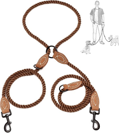 Mile High Life Dual Dog Leash - 360 Swivel No Tangle Walking, Hands Free With Leather Tailored Connection, Double Rope for Two Dogs (Dark Brown, 8FT)