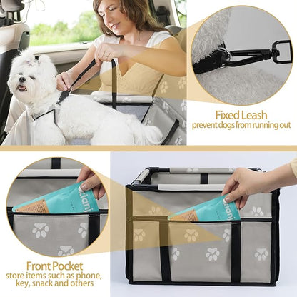 PetsHome Dog Car Seat Foldable Dog Car Booster Seat Waterproof Breathable Oxford Travel Bag for Small to Medium Dogs, Puppies, and Pets-Footprint Grey-Upgrade