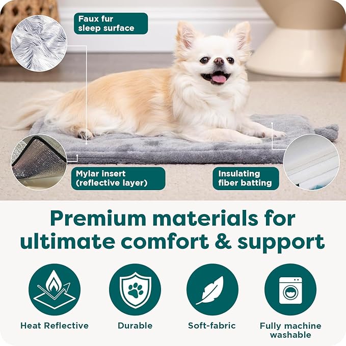 FurHaven ThermaNAP Self Warming Cat Mat, Dog Bed for Crates with Self-Warming Technology for Cozy Rest, Fully Machine Washable, Small, Plush Faux Fur, Cream