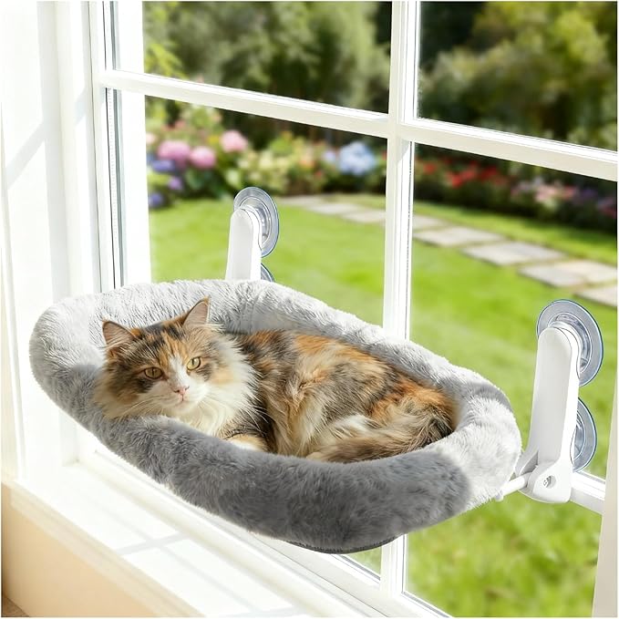 Cat Window Perch with Suction Cups- Cordless,Ultra Soft Machine Washable Bed with 4-Sided Bolster, Strong Hold for Large Cats up to 40lbs Window Hammock for Large Cats and Kittens(Gery,M)