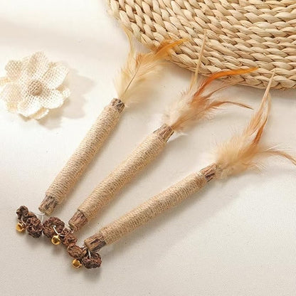 Cat Chew Toy Feather Sivervine Sticks with Bell, Cat Chew Natural Sticks Teeth Cleaning, Matatabi Cat Treat, Gall Ball Cat Toy (3 Pack)