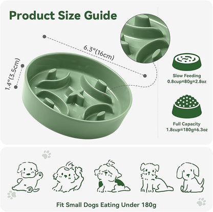 Ceramic Slow Feeder Dog Bowl - Feeding Dish for Fast Eaters - Maze Dog Bowl to Slow Down Eating - Ideal Food Control Dish for Small Breeds - 0.8 Cups (80g) - 6.3 Inch - Green