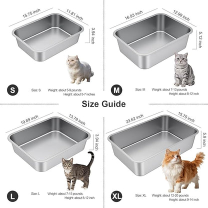 Stainless Steel Litter Box with High Sided, Metal Cat Litter Box, Odor-Free, Non-Stick Litterbox Pan, Easy to Clean Pet Supplies Toilet Tray for Indoor Cats, Kittens or Multicat Homes