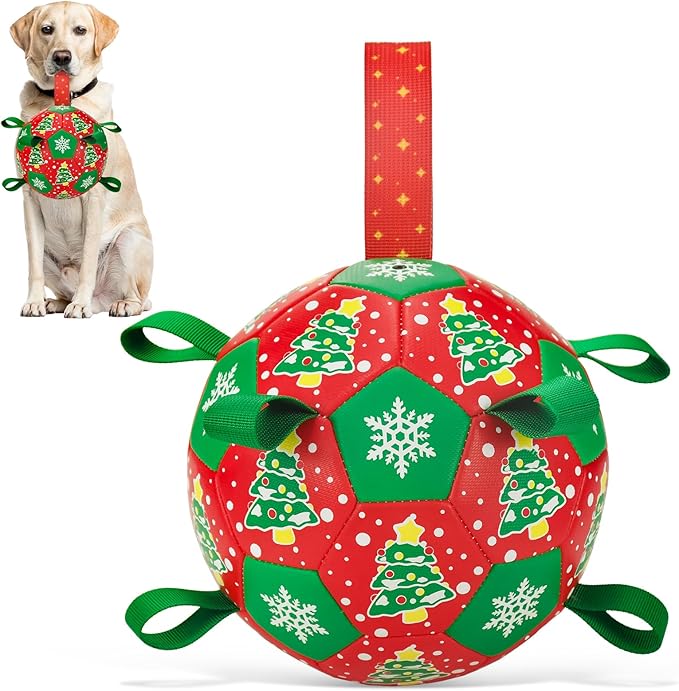 Christmas Soccer Ball Dog Toy With Straps for Interactive Play and Tug of War - Christmas Tree & Snowflower Pattern for Small, Medium, Big Dogs (8 Inches)