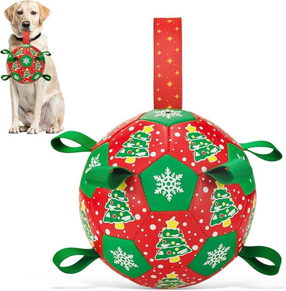 Christmas Soccer Ball Dog Toy With Straps for Interactive Play and Tug of War - Christmas Tree & Snowflower Pattern for Small, Medium, Big Dogs (8 Inches)