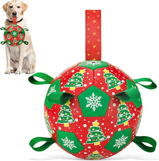 Christmas Soccer Ball Dog Toy With Straps for Interactive Play and Tug of War - Christmas Tree & Snowflower Pattern for Small, Medium, Big Dogs (8 Inches)