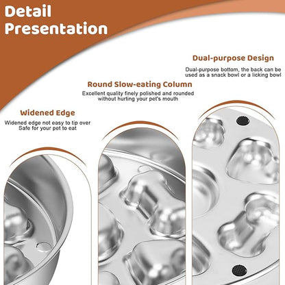 Slow Feeder Dog Bowl Stainless Steel, 2 Cups Metal Dogs Food Water Bowls with Non-Slip Pad, Stop Pet Dog Puppy Puzzle Feeder for Small & Medium Dogs to Slow Down Eating (A)