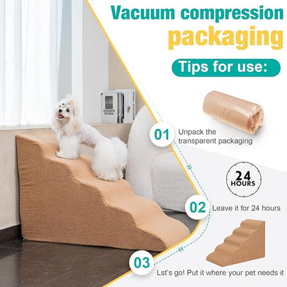 Uross Dog Stairs for Small Dogs-5 Steps Ramps for High Bed Couch, High Density Foam Pet Stairs for Dogs to Get on Bed, 5 Tiers Cat Doggy Steps Ramps for Joint Pain Dog(Brown)