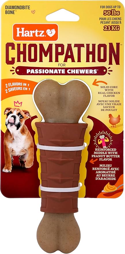 Hartz Chompathon Diamondbite Bone Dog Chew Toy for Aggressive Chewers, Double Layered Flavored with Chicken & Peanut Butter