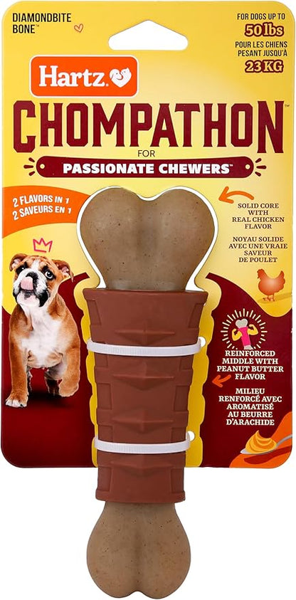 Hartz Chompathon Diamondbite Bone Dog Chew Toy for Aggressive Chewers, Double Layered Flavored with Chicken & Peanut Butter