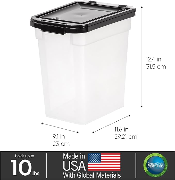 IRIS USA Airtight Dog Food Storage Container, WeatherPro, Up to 10 lbs, for Dog Cat Bird and Other Pet Food Storage Bin, Keep Fresh, Translucent Body, Made in USA, Clear/Black