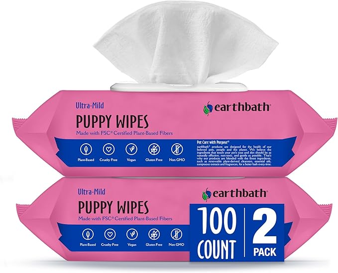 earthbath, Ultra-Mild Wild Cherry Puppy Wipes - Dog Wipes for Paws and Butt, Best Pet Wipes for Dogs & Puppies, Made in USA, Cruelty-Free Dog Cleaning Wipes - 100 Count (2 Pack)