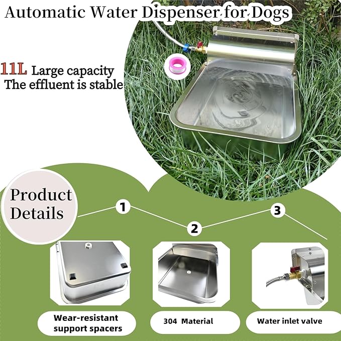 11L Automatic Dog Water Dispenser, 304 Stainless Steel with Water Valve Switcher and 3/4'' Brass Adapter, with Drain Hole for Dog, Cat, Alpaca, Chickens, Livestock