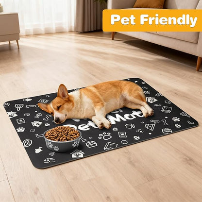 Pet Feeding Mat,Dog Cat Mat for Food and Water,Dog Bowl Waterproof Placemat with Rubber Backing,Absorbent Quick Dry Water Dispenser Mat for Pet（Black 12"×18"）