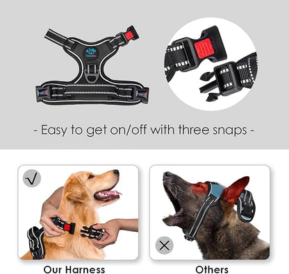 PHOEPET Reflective Dog Harness Large Breed Adjustable No Pull Vest with Handle 2 Metal Rings 3 Buckles [Easy to Put on & Take Off](XL, Black)